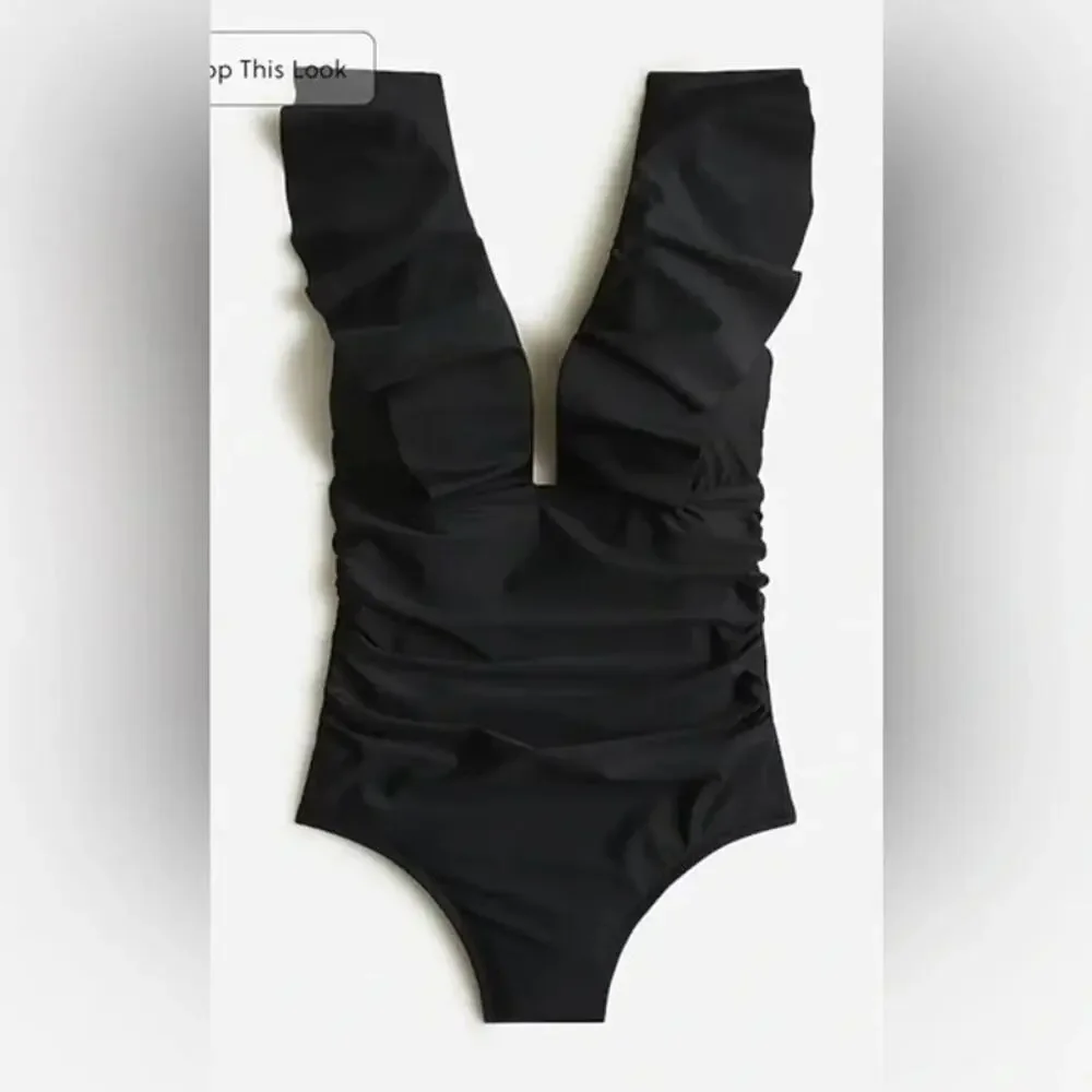 J. Crew Ruched Ruffle Shoulder V-neck One-Piece Swimsuit Black XXS